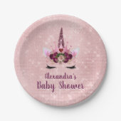 赤面ガーリーピンクスパークルユニコーン赤ちゃんシャワー ペーパープレート (正面)