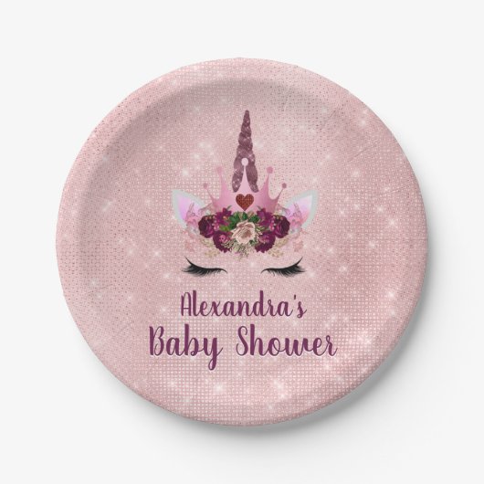 赤面ガーリーピンクスパークルユニコーン赤ちゃんシャワー ペーパープレート (正面)