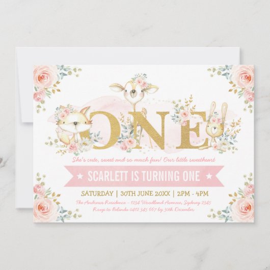 赤面ガーリーピンクフローラバラ1st誕生日パーティー 招待状 (正面)