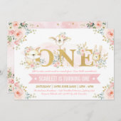 赤面ガーリーピンクフローラバラ1st誕生日パーティー 招待状 (正面/裏面)