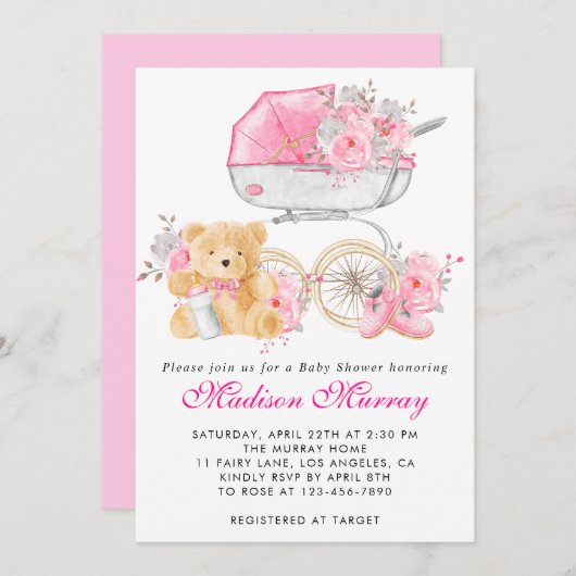 赤面ガーリーピンクフローラベビーカーPramベビースシャワー 招待状 (正面/裏面)