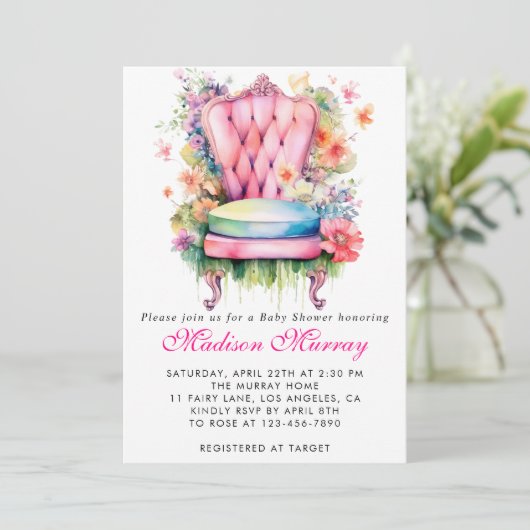 赤面ガーリーピンクフローラ花椅子赤ちゃんシャワー 招待状 (スタンド正面)