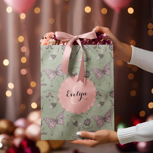 赤面ガーリーピンク&セージ甘いリトルクリッター名 ミディアムペーパーバッグ