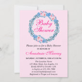 赤面ガーリーピンク&ブルーフローラリースベビーシャワー 招待状 (正面)