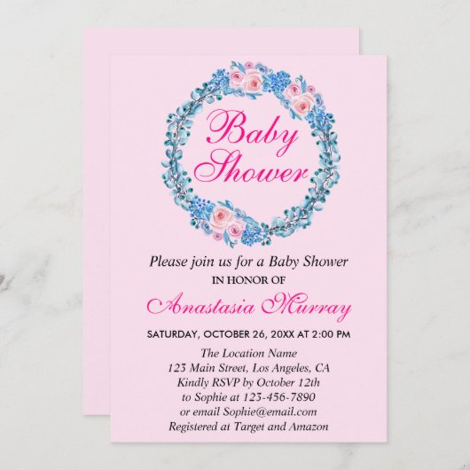 赤面ガーリーピンク&ブルーフローラリースベビーシャワー 招待状 (正面/裏面)