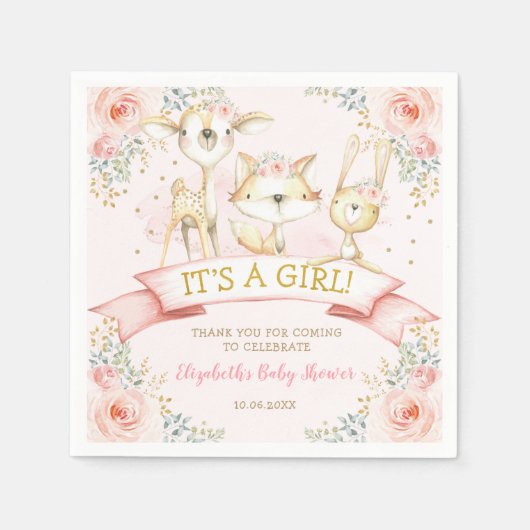 赤面ガーリーフローラウッドランド動物ベビーシャワー スタンダードカクテルナプキン (正面)