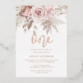 赤面ガールズ1st誕生日パーティーほこりっぽいバラ金ゴールド 箔招待状 (正面)