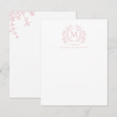 赤面クラシックピンクフローラヴィンテージクレストモノグラム ノートカード (正面/裏面)