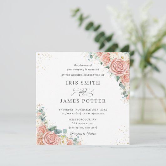 赤面クラシックピーチアイボリーフローラ結婚ズスクエア 招待状 (スタンド正面)