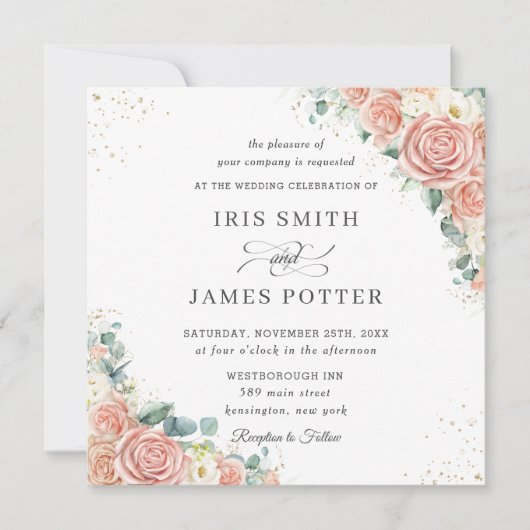 赤面クラシックピーチアイボリーフローラ結婚ズスクエア 招待状 (正面)