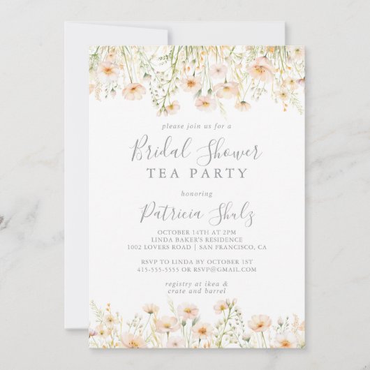 赤面クラシックワイルドフラワーブライダルシャワーティーパーティー 招待状 (正面)