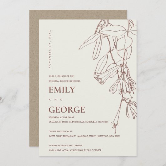 赤面クリームスケッチフローラリハーサルディナー招待状 サンキューカード (正面/裏面)