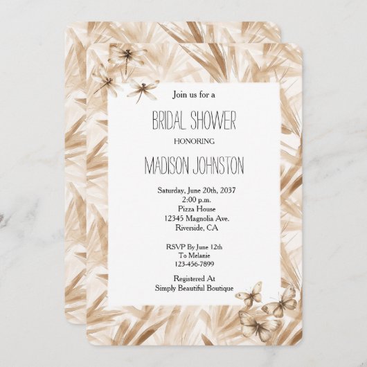 赤面クリームチョウチョウチョウドラゴンフライブライダルシャワー 招待状 (正面/裏面)