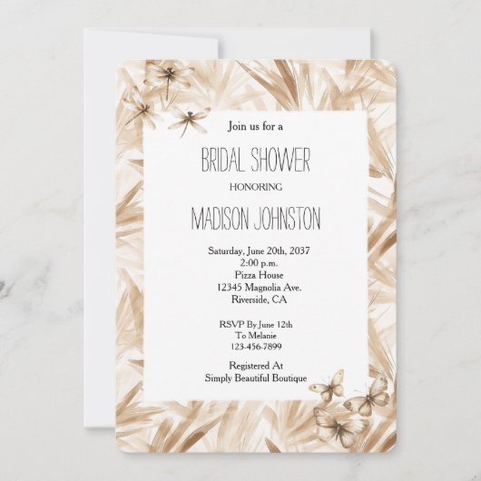 赤面クリームチョウチョウチョウドラゴンフライブライダルシャワー 招待状 (正面)