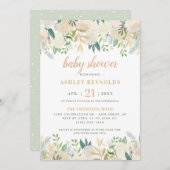 赤面クリーム金ゴールドフローラグリーンリーガールベビーシャワー 招待状 (正面/裏面)