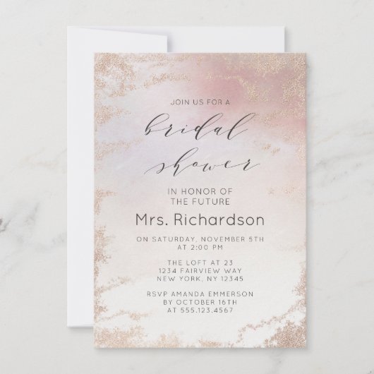 赤面グラデーションピンクフロステッド箔金メッキブライダルシャワー 招待状 (正面)