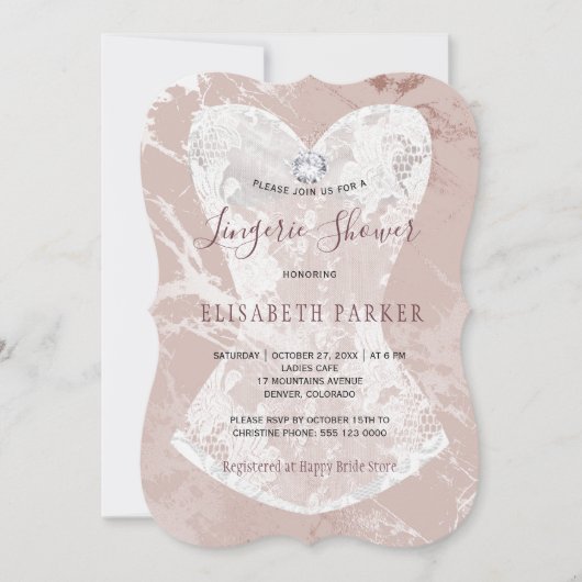 赤面グリッター大理石とブルゴーニュのランジェリーシャワー 招待状 (正面)