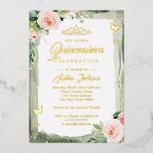 赤面グリーンキンセアニェラフローラスパークルティアラ 箔招待状 (正面)