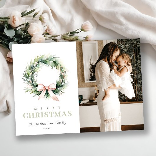赤面グリーンクリスマスリース水彩写真 シーズンカード