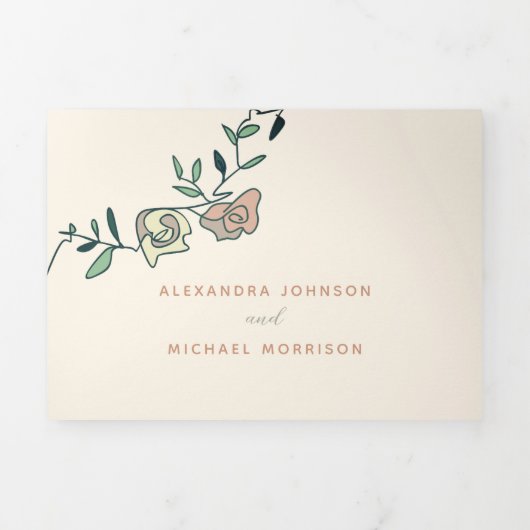 赤面グリーントリフォールドフォトウェディング招待 三つ折り招待状 (カバー)