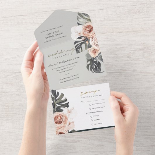 赤面グレーピーチフローラモンストレラ結婚リーフ オールインワン招待状 (貼ってはがせる)