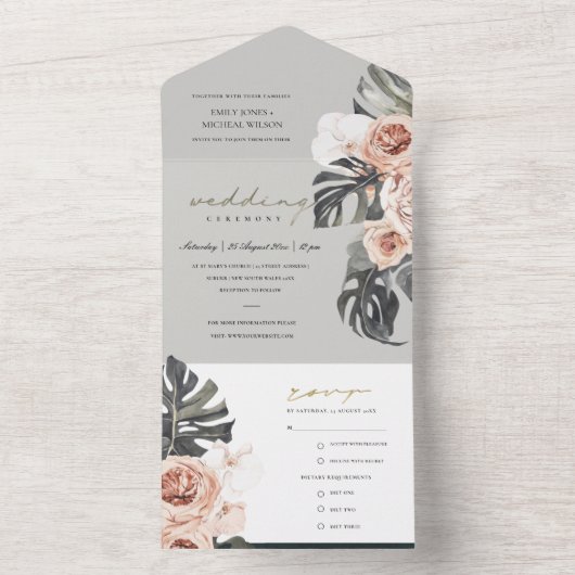 赤面グレーピーチフローラモンストレラ結婚リーフ オールインワン招待状 (内側)