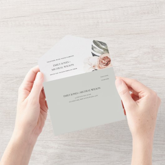 赤面グレーピーチフローラモンストレラ結婚リーフ オールインワン招待状 (開いている状態)