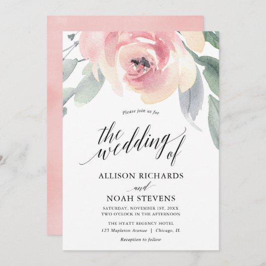 赤面グレーフローラ水色エレガントな結婚式 招待状 (正面/裏面)