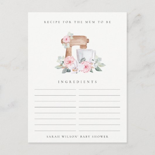 赤面ケーキミキサーフローラレシピ要求ベビーシャワー ポストカード (正面)