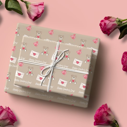 赤面コーヒーとクマ、ハート、およびカスタムメッセージ ラッピングペーパー