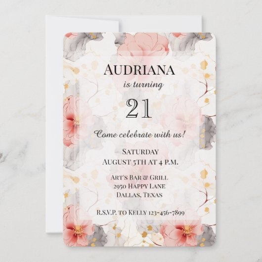 赤面コーラルグレイフローラ誕生日 招待状 (正面)