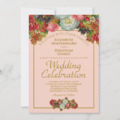 赤面コーラルピンクヴィンテージフローラシック結婚ズ 招待状 (正面)