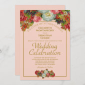 赤面コーラルピンクヴィンテージフローラシック結婚ズ 招待状 (正面/裏面)