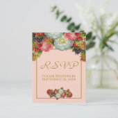 赤面コーラルピンク秋フローラウェディングRSVP ポストカード (スタンド正面)