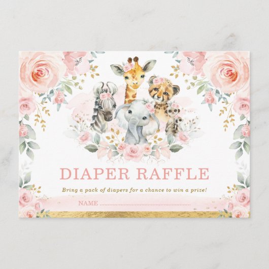 赤面サファリジャングルベビーガールシャワーおむつラッフル エンクロージャーカード (正面)