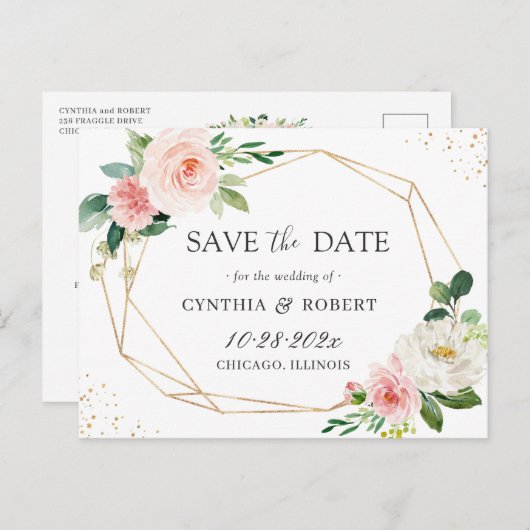 赤面シックフローラ金ゴールド幾何学日付の保存 ポストカード (正面/裏面)