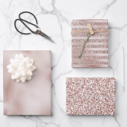 赤面シャンパンピンクグリッターグラムストライプズ ラッピングペーパーシート (正面)