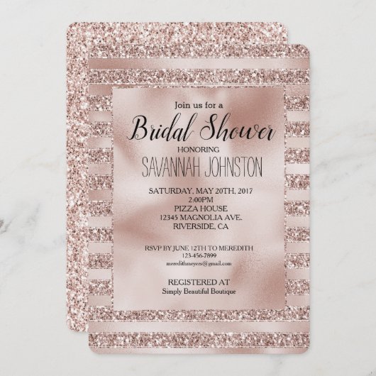 赤面シャンパンピンクグリッターグラムストライプズ 招待状 (正面/裏面)