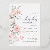 赤面シルバーフローラバタフライベビーシャワー 箔招待状 (正面)