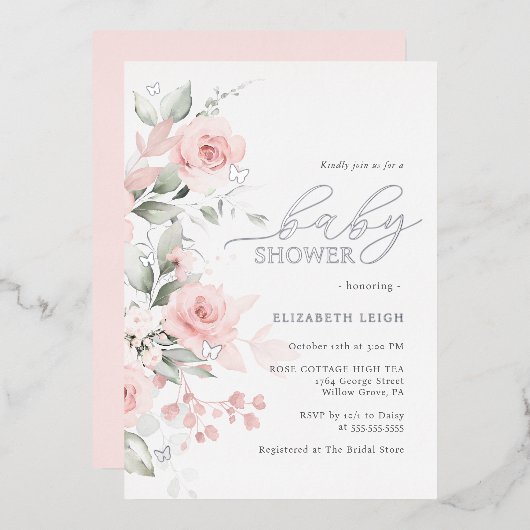 赤面シルバーフローラバタフライベビーシャワー 箔招待状 (正面/裏面)