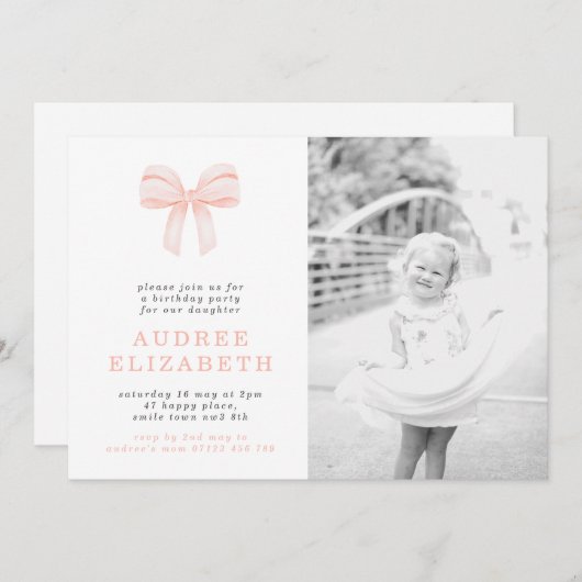 赤面シンプルコケットボウフォトバースデーパーティー 招待状 (正面/裏面)
