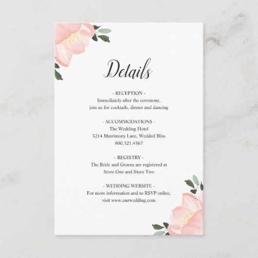 赤面シンプルピンクのフローラエレガントな結婚式 エンクロージャーカード (正面)