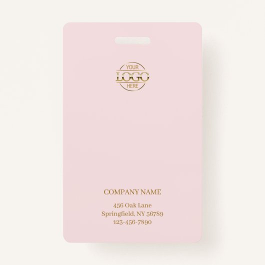 赤面シンプルピンクの従業員の写真と会社のロゴ バッジ (裏面)