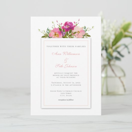 赤面シンプルピンクウォーターカラーブーケ結婚ーズ 招待状 (スタンド正面)