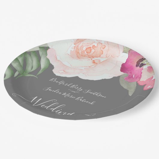 赤面シンプルピンクフシヤフローラ結婚ズ ペーパープレート (アングル)