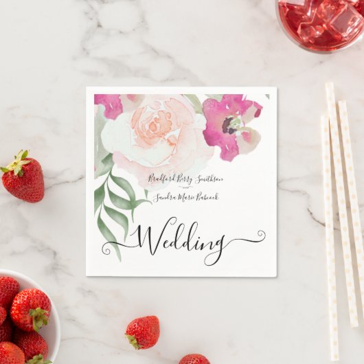 赤面シンプルピンクフシヤフローラ結婚式招待状 スタンダードカクテルナプキン (インサイチュ)