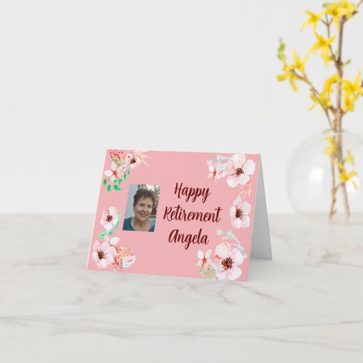 赤面シンプルピンクフローラハッピーリタイアメントフォト カード (黄色い花)