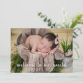 赤面シンプルピンクベビーガールフォトコラージュ誕生 案内状 (スタンド正面)