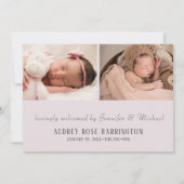 赤面シンプルピンクベビーガールフォトコラージュ誕生 案内状 (裏面)