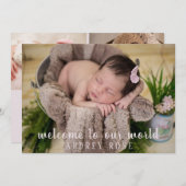 赤面シンプルピンクベビーガールフォトコラージュ誕生 案内状 (正面/裏面)